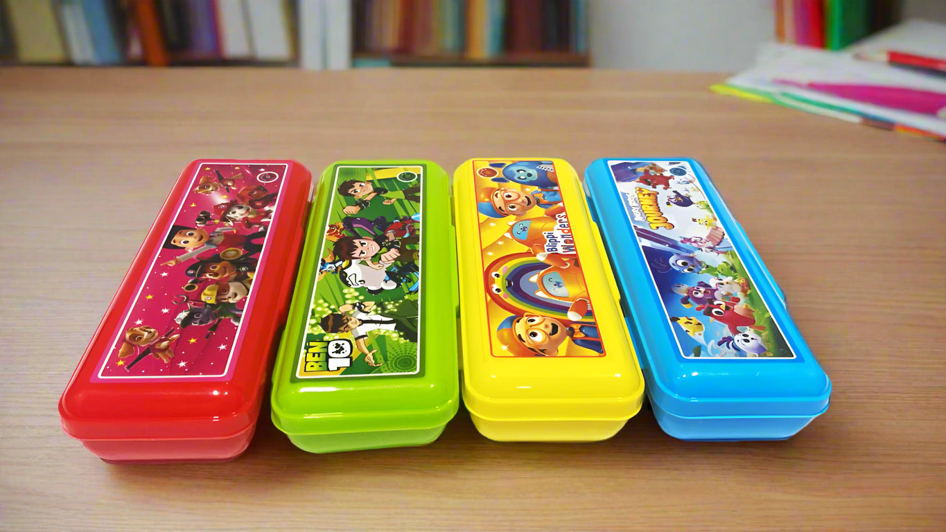 Four colorful pencil cases with cartoon character designs on a table