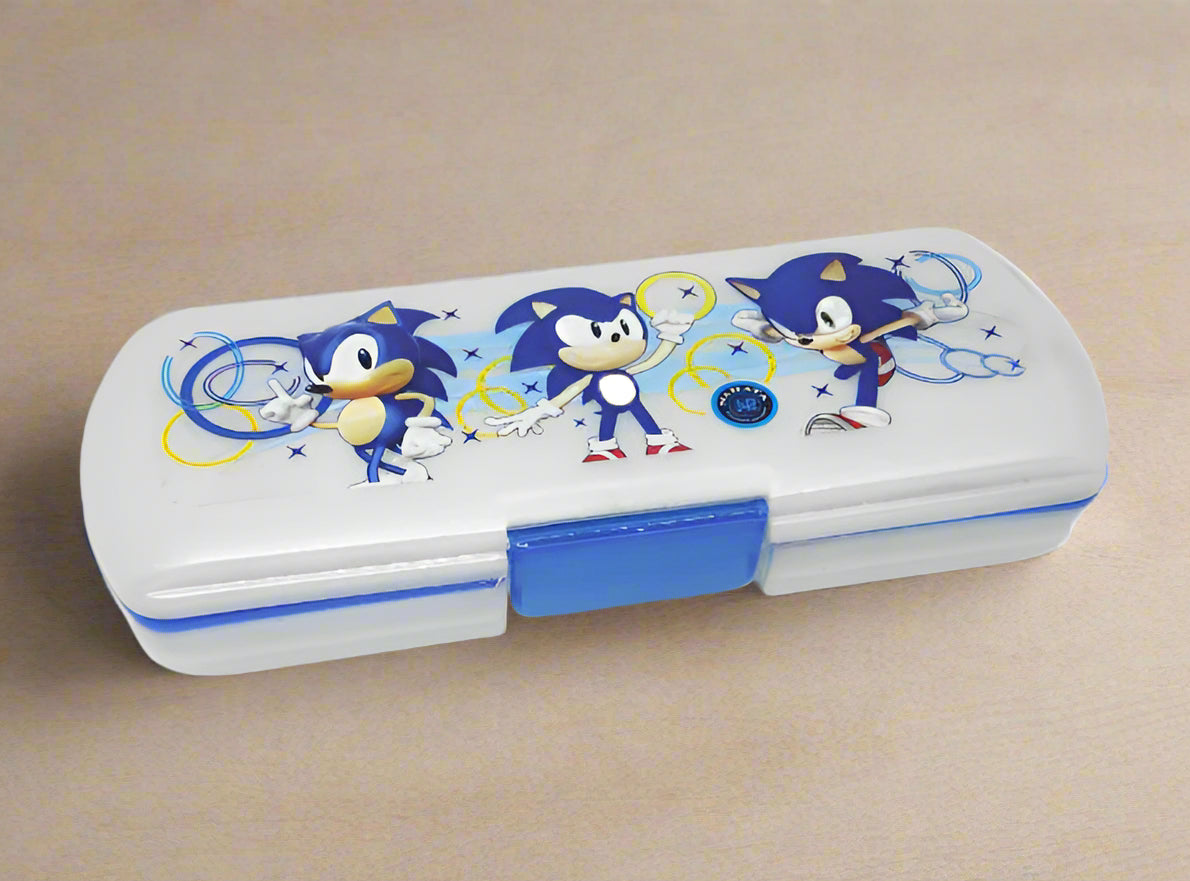 Sonic the Hedgehog-themed pencil case on a table.