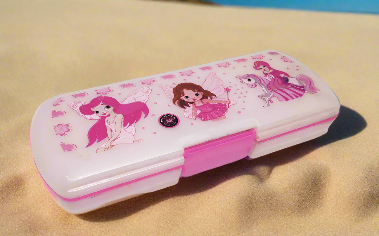 Pink rectangular case with cartoon characters on a white background