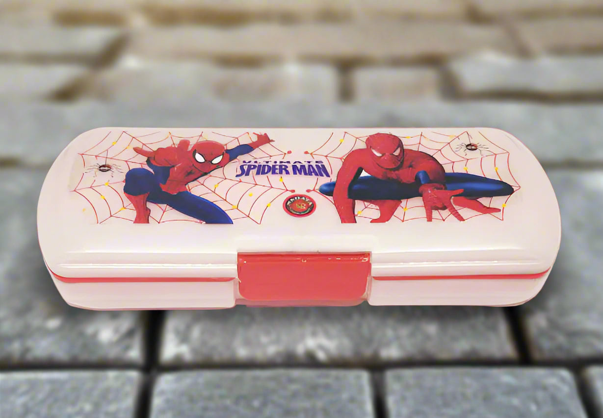 Spider-Man themed pencil case on a wooden surface