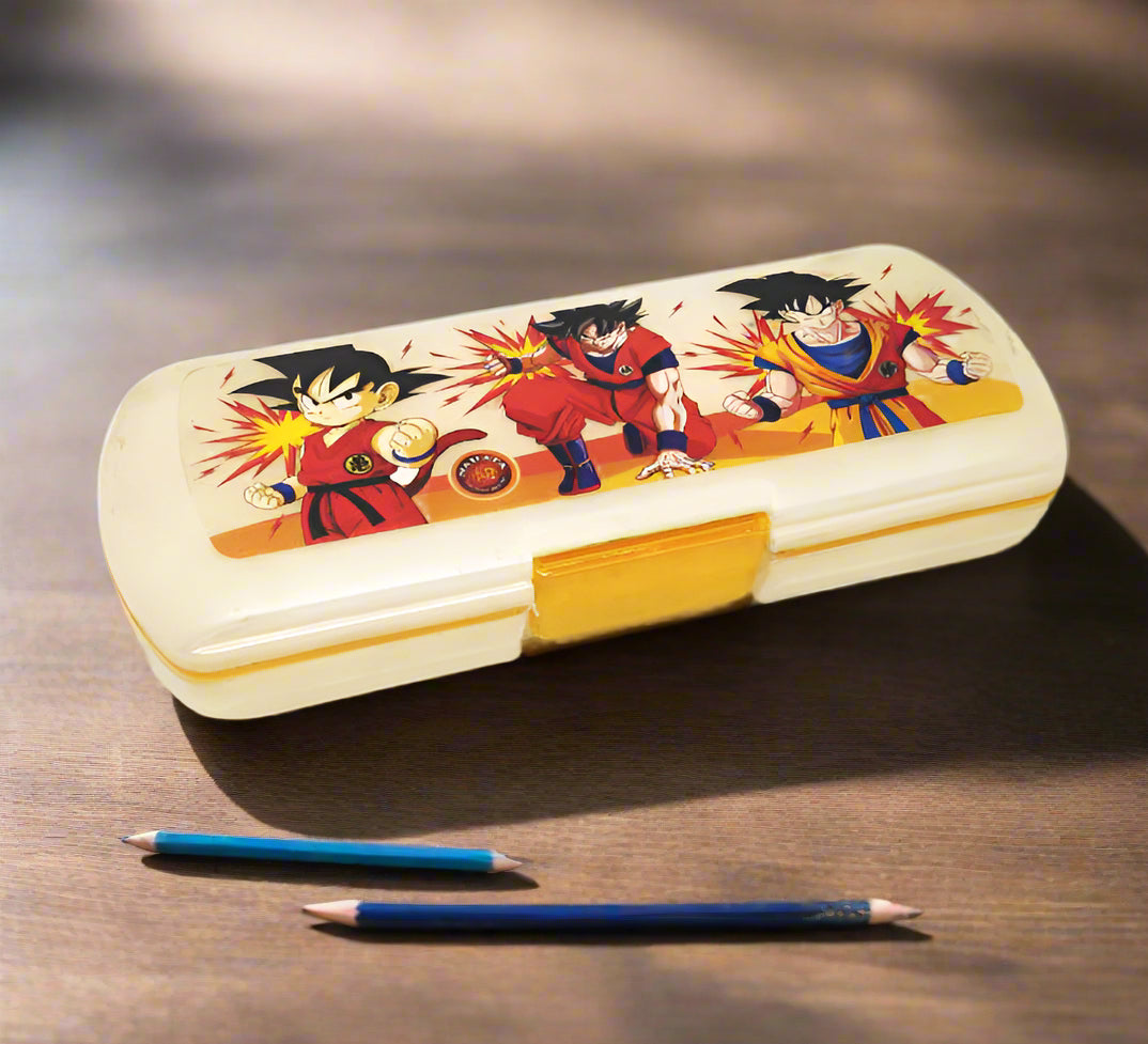 Pencil case with Dragon Ball-Z's character design on a wooden surface