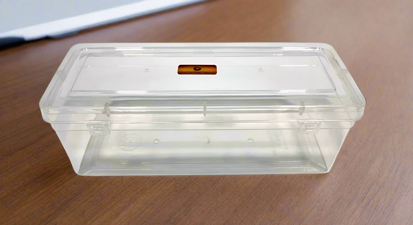 Clear plastic storage box with a lid