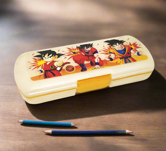 Pencil case with Dragon Ball-Z's character design on a wooden surface