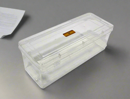 Clear plastic storage box with a lid