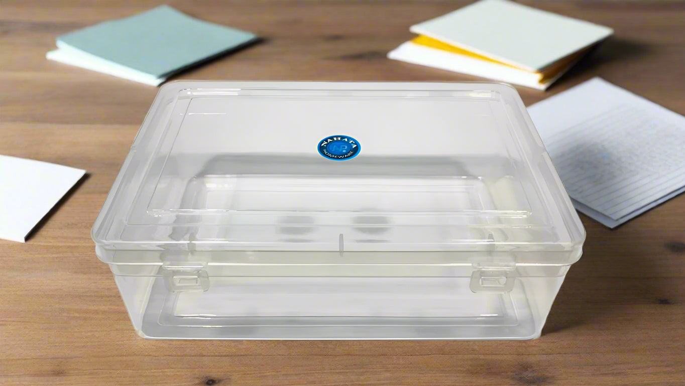 Clear plastic container with a blue logo