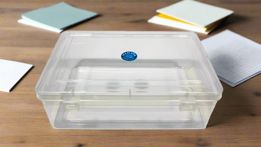 Clear plastic container with a blue logo
